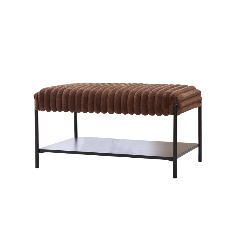 Upholstered Ottoman Coffee Table Foot Rest with Black Metal Legs and Wooden Storage, Faux Fur, Brown