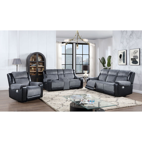 Two gray reclining chairs with black arms, padded seats, and quilted backs