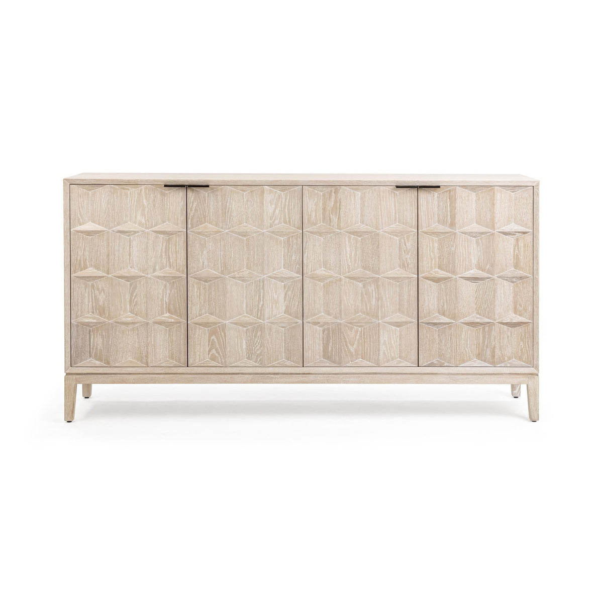 White 4-door sideboard with textured geometric panels, four door fronts, and legs