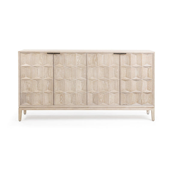 White 4-door sideboard with textured geometric panels, four door fronts, and legs