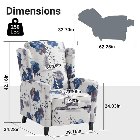 Wingback recliner chair dimensions diagram with inch measurements and 250 lbs limit
