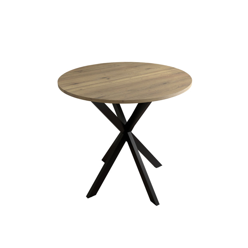 Round dining table with light rustic wood top and black X-style metal legs