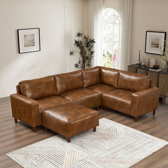 Dark brown modular sectional sofa with ottoman chaise and wide corner chaise seating