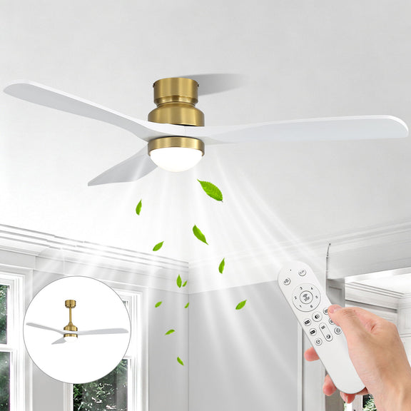 White ceiling fan blades with gold motor housing and round white light