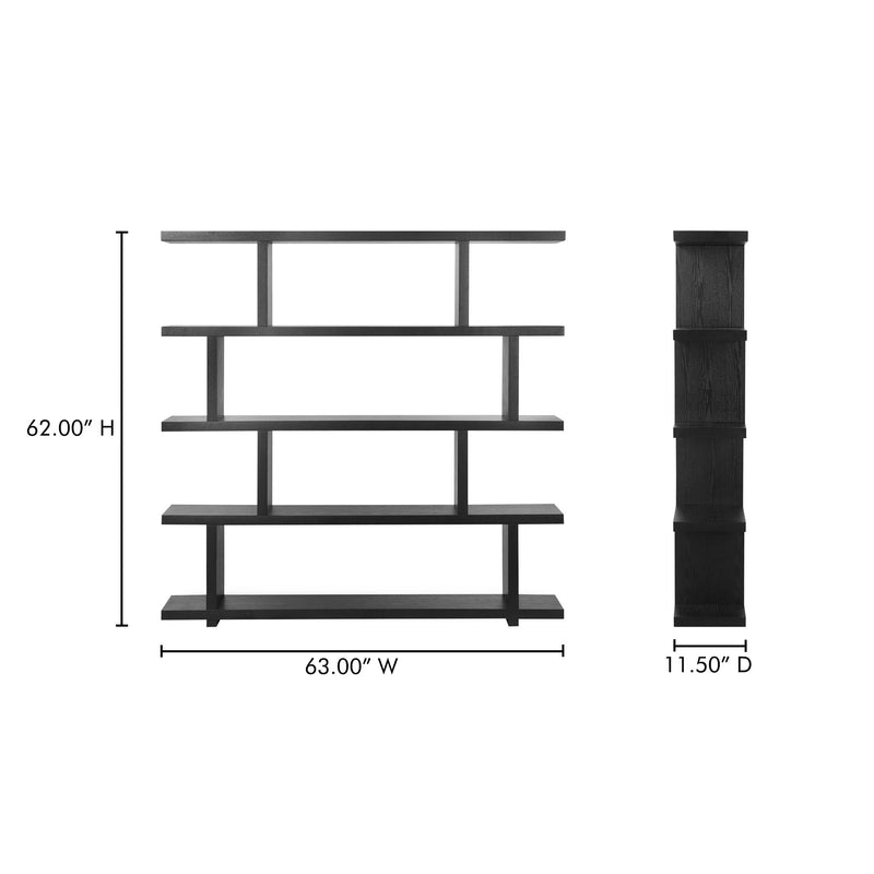 Large black shelf shown with dimensions: 63 inches wide, 62 inches high, 11.5 inches deep.