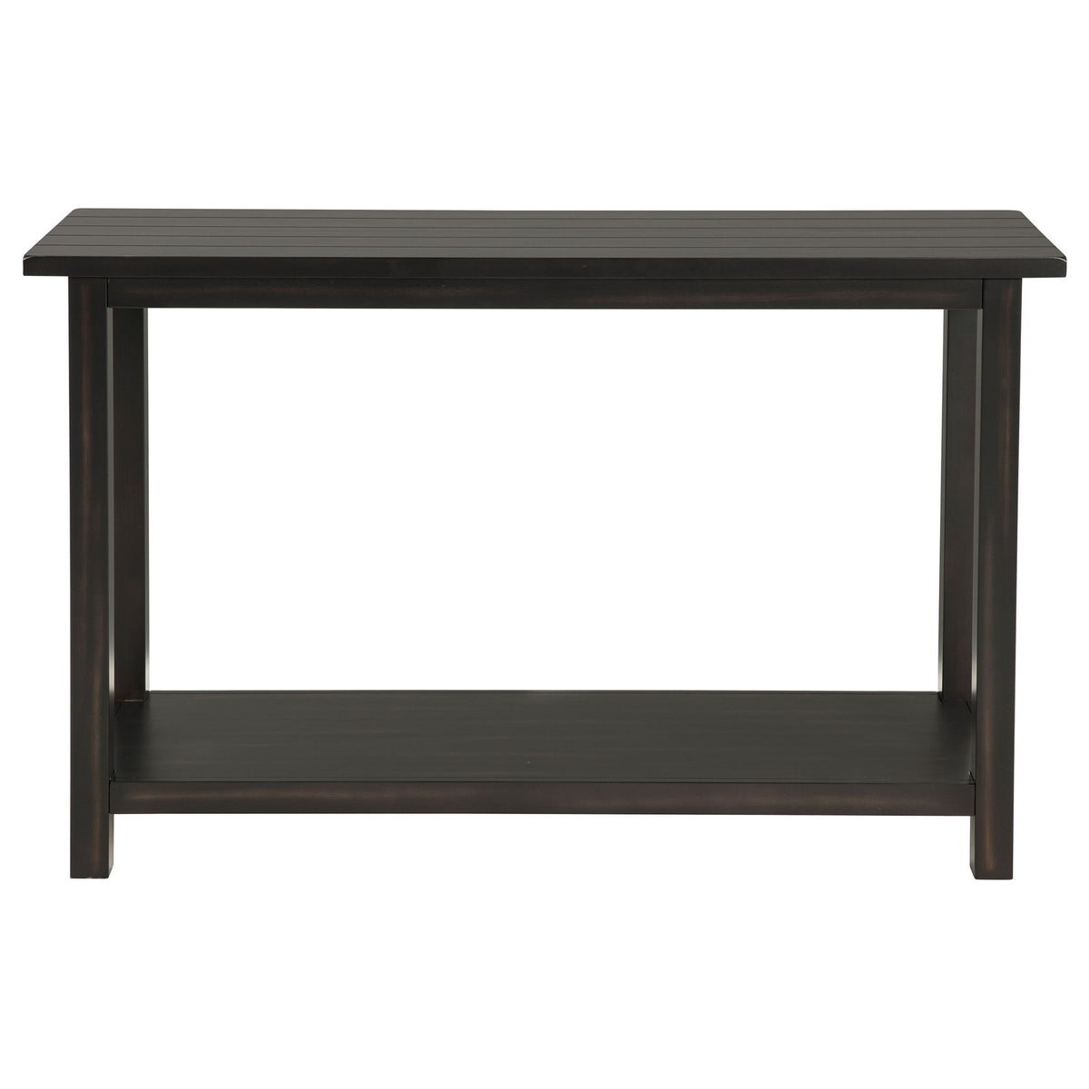 Rectangular dark wood table with open lower shelf and thick top