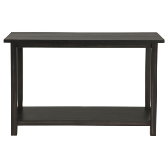 Rectangular dark wood table with open lower shelf and thick top