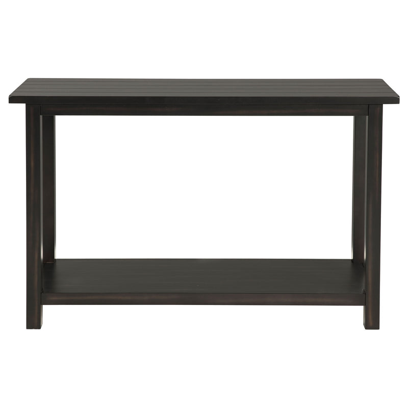 Rectangular dark wood table with open lower shelf and thick top