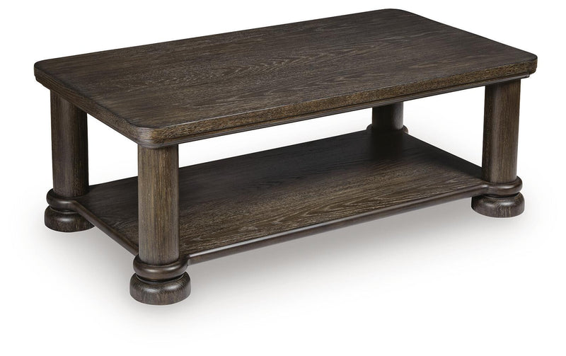 Dark brown rectangular table with lower shelf, rounded corners, and turned legs