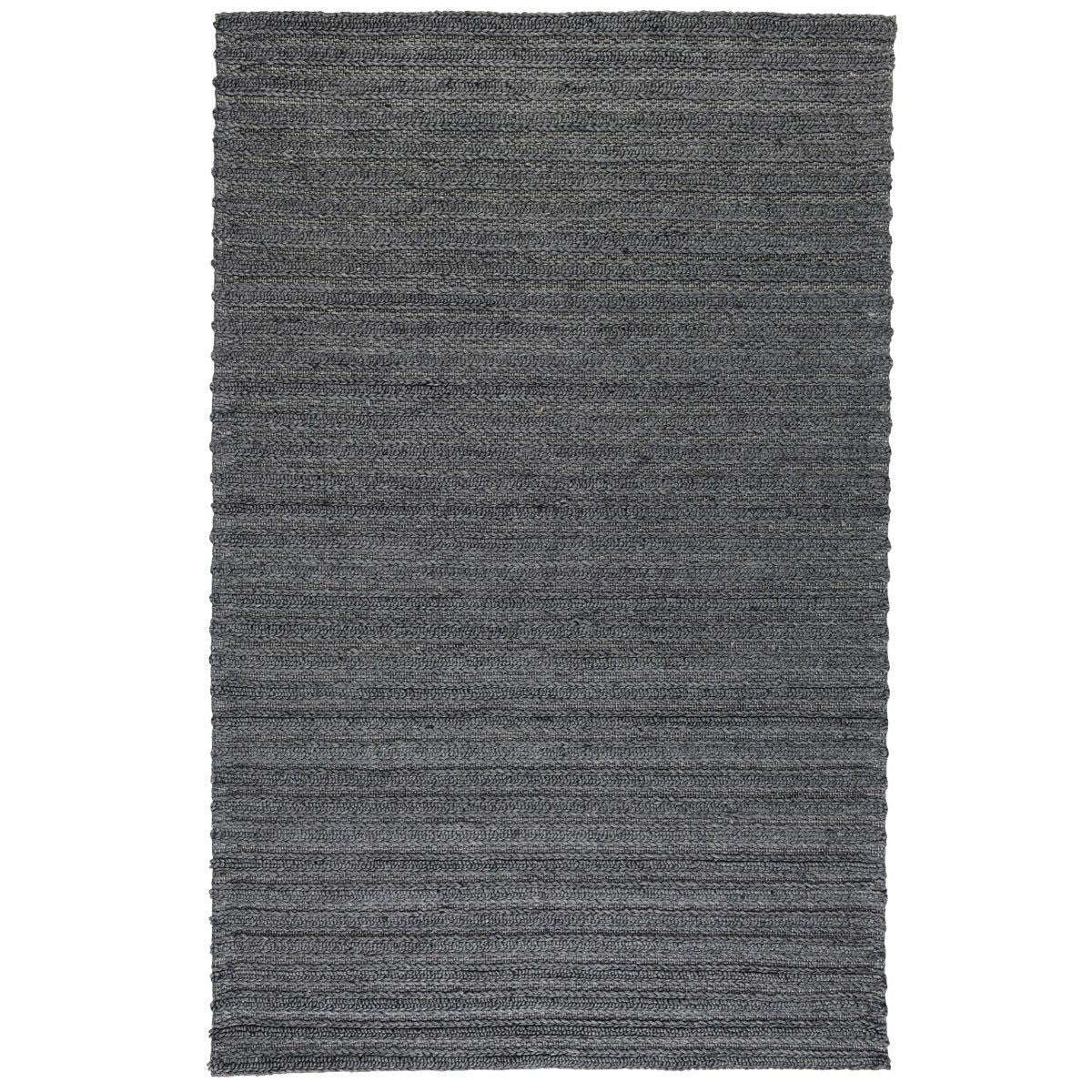Charcoal flatweave rug with subtle horizontal lines and a clean, straight border