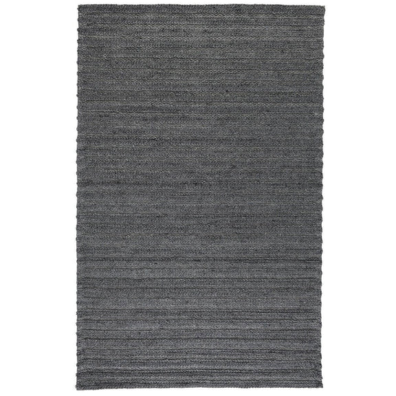 Charcoal flatweave rug with subtle horizontal lines and a clean, straight border