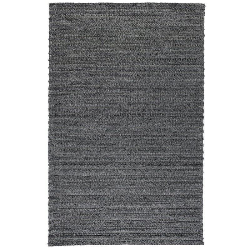 Charcoal flatweave rug with subtle horizontal lines and a clean, straight border