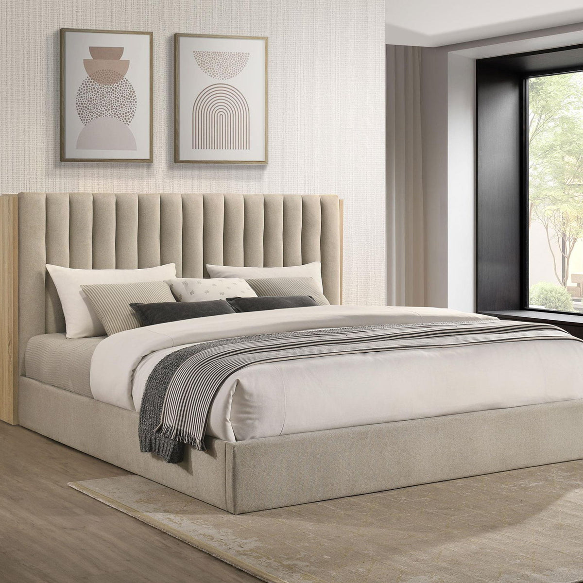 Arielle Eastern King Bookcase Panel Storage Bed Light Oak