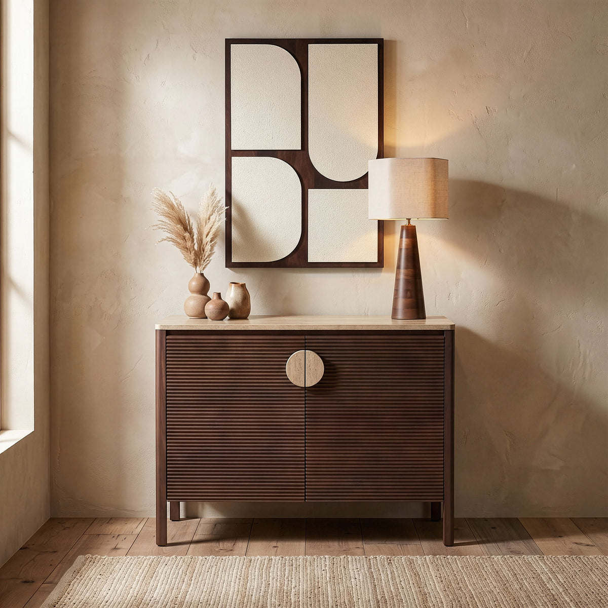 Acacia wood sideboard in dark brown with two doors and a central round knob