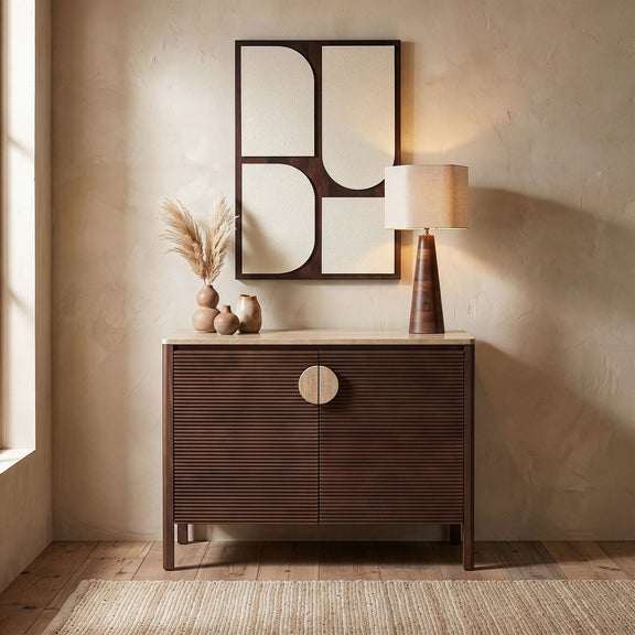 Acacia wood sideboard in dark brown with two doors and a central round knob