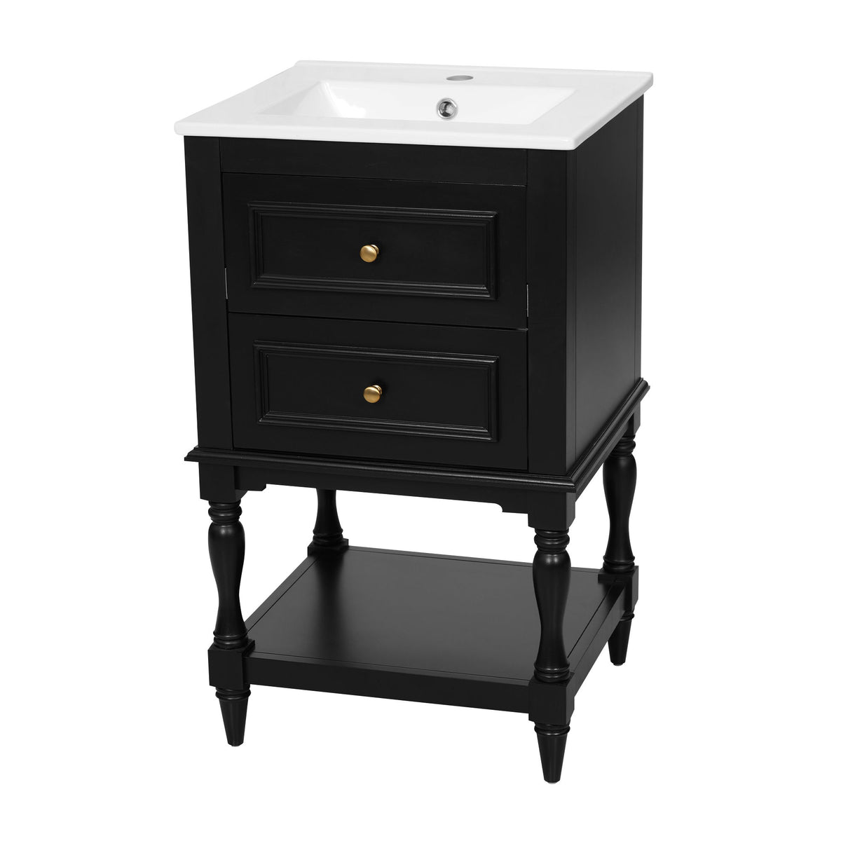 Black bathroom vanity cabinet with white sink, two drawers, and turned legs