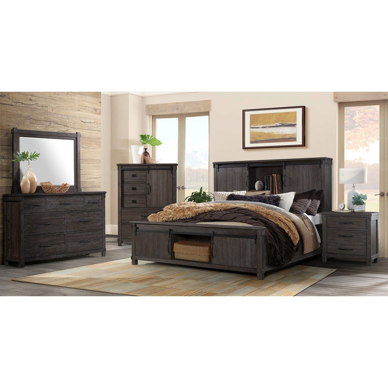 Dark brown 5-drawer chest standing in bedroom, showing drawers and cabinet doors