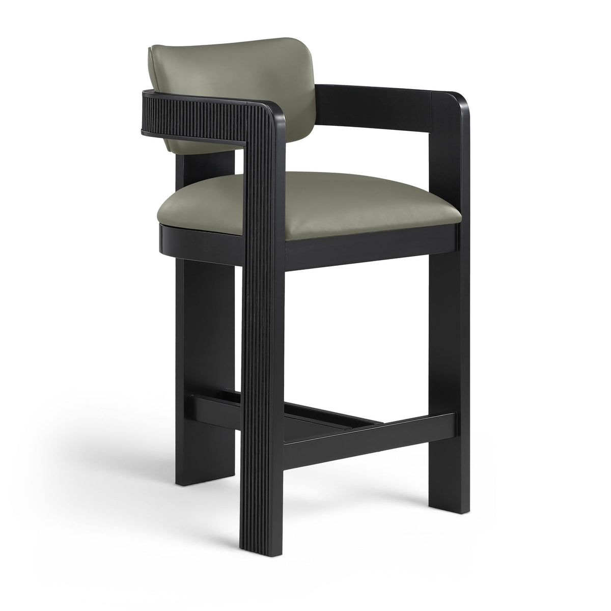 Green vegan leather counter stool with padded seat, fluted back panel, black frame