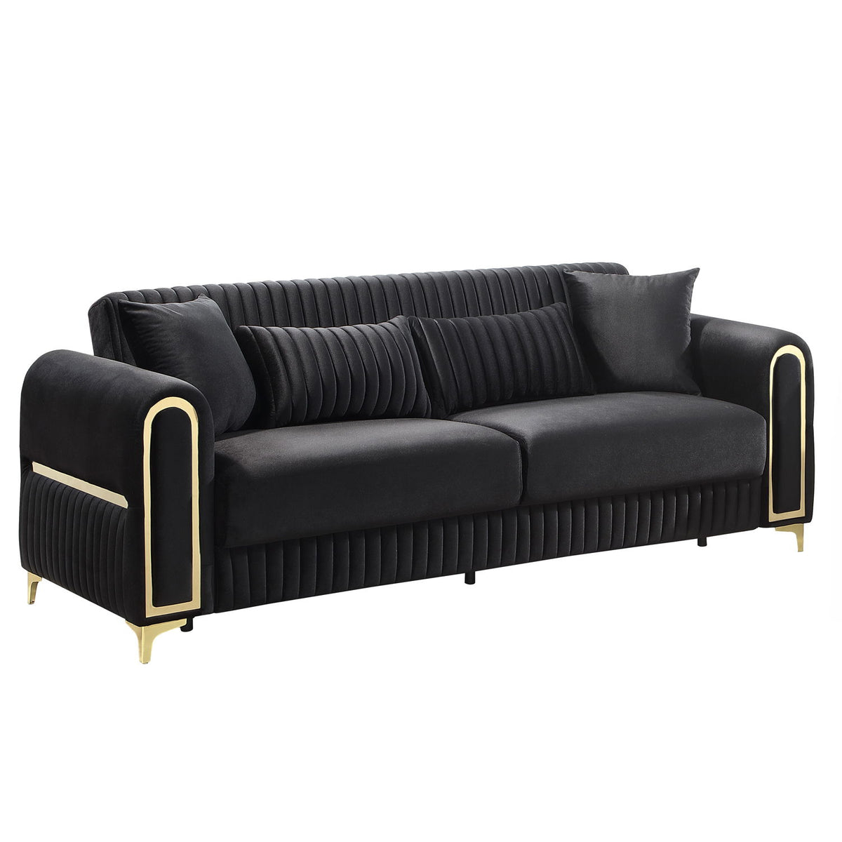 Ruby sofa, black upholstery with ribbed back, padded arms, gold trim and legs