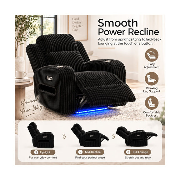 Black power recliner in lounge position with cup holders and blue LED underglow