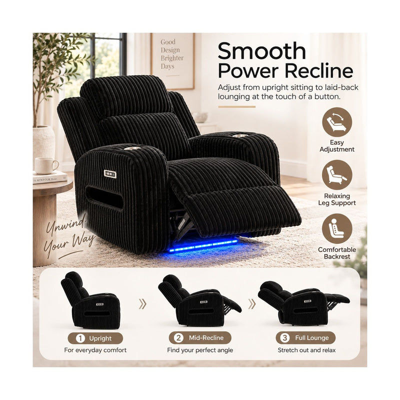 Black power recliner in lounge position with cup holders and blue LED underglow