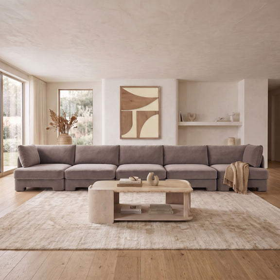 Gray velvet performance fabric upholstered 5-piece sectional sofa with chaise cushions