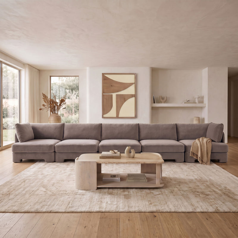 Gray velvet performance fabric upholstered 5-piece sectional sofa with chaise cushions