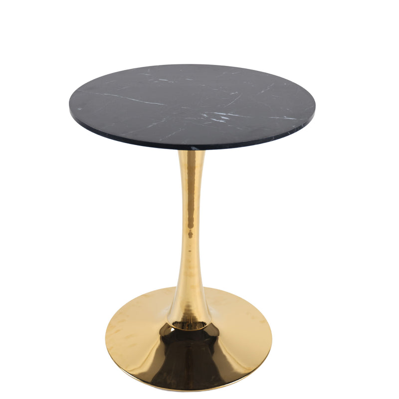 Round pedestal dining table with dark gray stone-look top and gold pedestal
