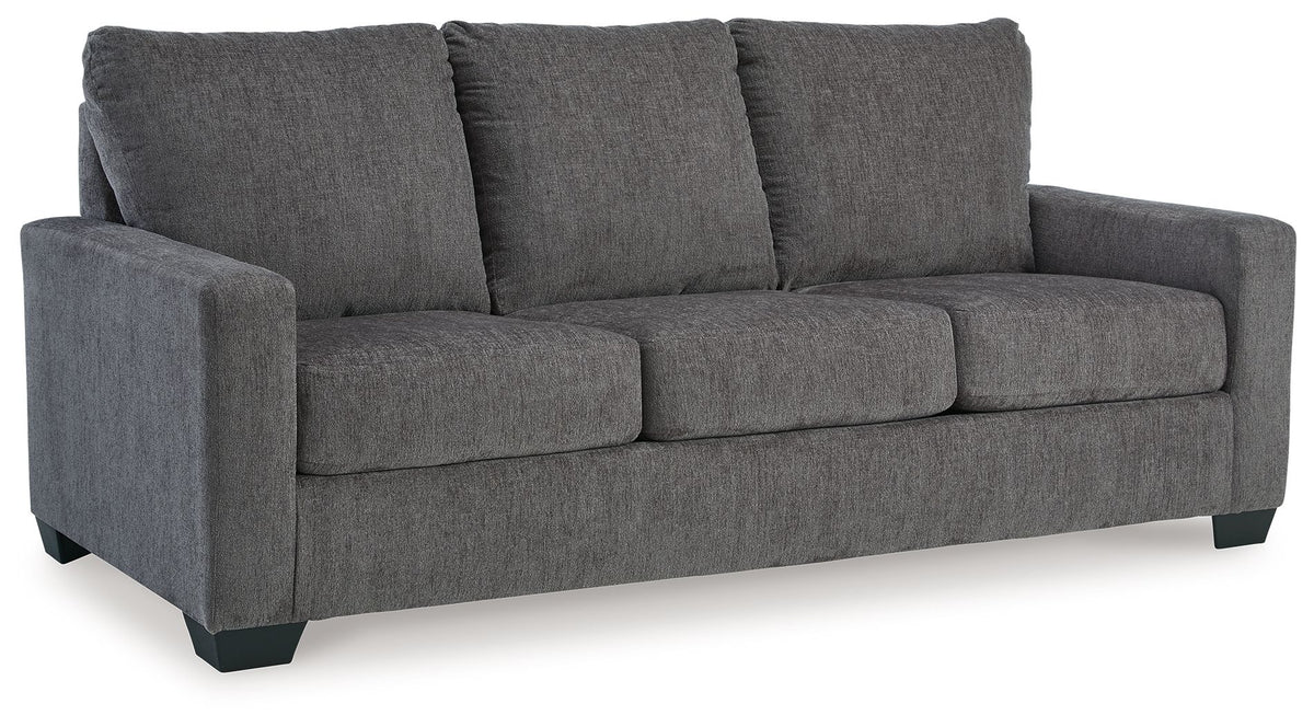 Dark gray fabric 3-seat sofa with three back cushions and boxy armrests
