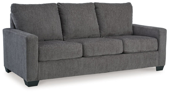 Dark gray fabric 3-seat sofa with three back cushions and boxy armrests