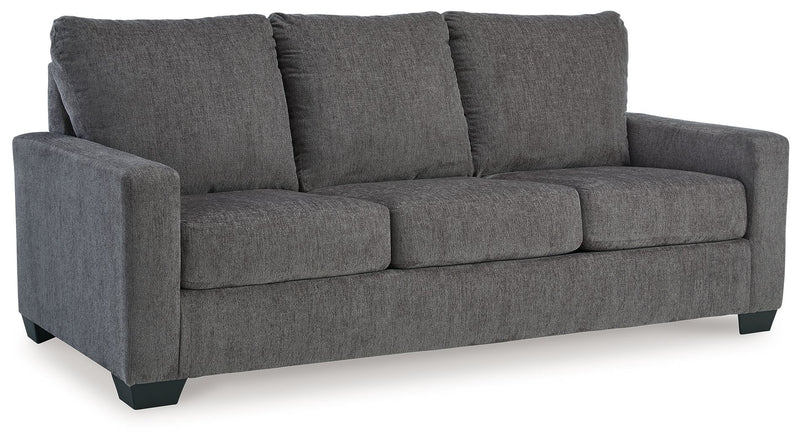 Dark gray fabric 3-seat sofa with three back cushions and boxy armrests