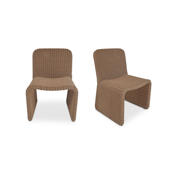 Set of 2 natural woven outdoor armchairs with curved arms and contoured backrest