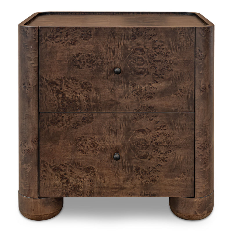Gibson dark brown accent nightstand with two drawers, round knobs, and rounded feet