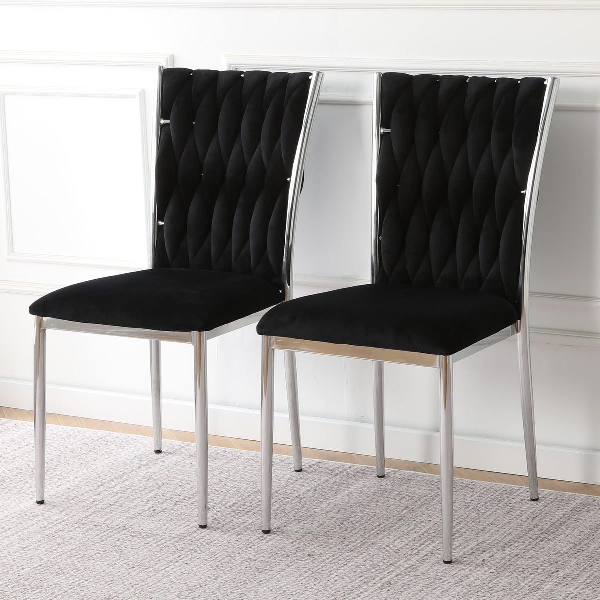 2-piece modern dining chair set, black tufted back, padded seat, silver legs