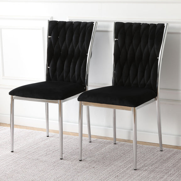 2-piece modern dining chair set, black tufted back, padded seat, silver legs