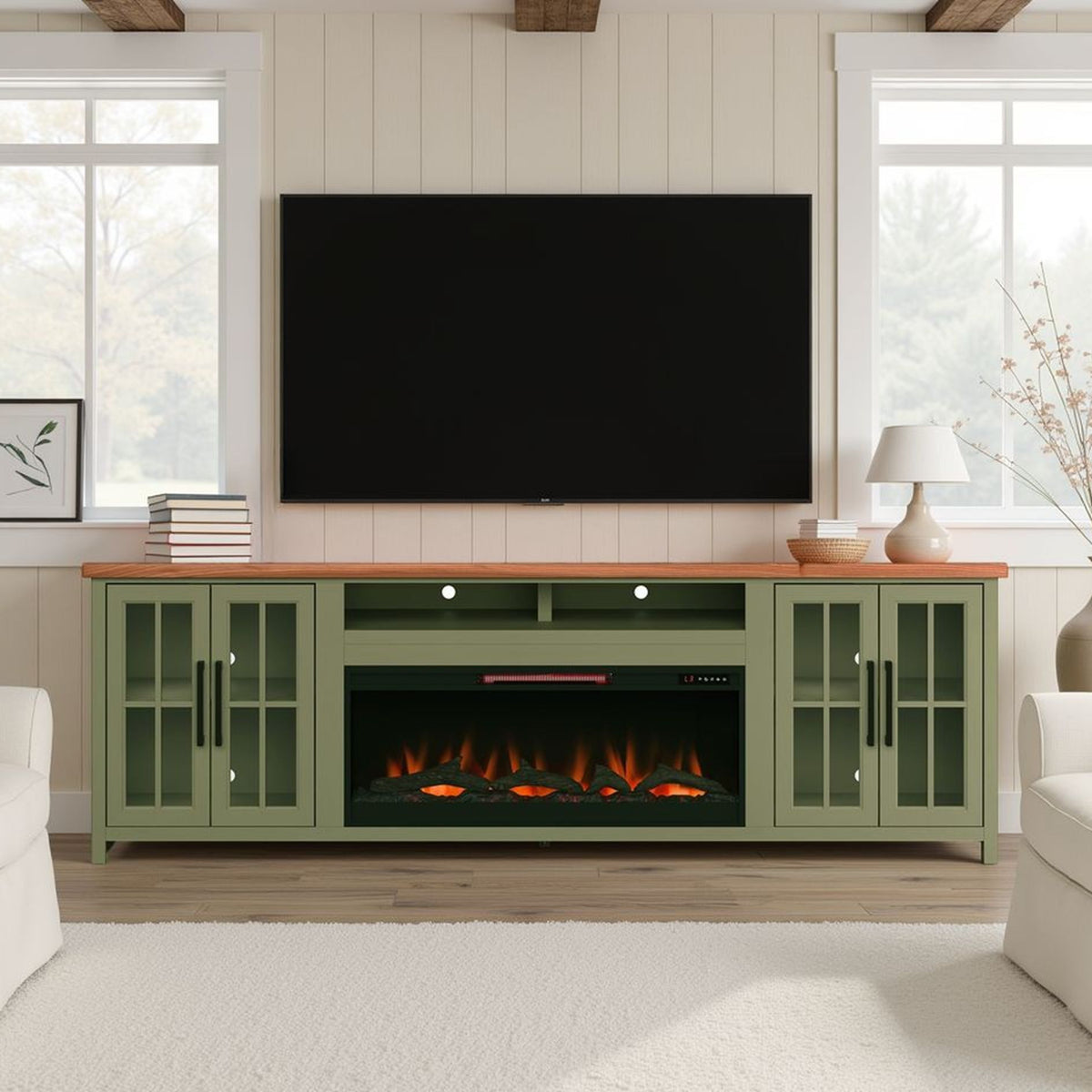 Vineyard - 97" Fireplace TV Stand Console For TVs Up To 100" - Sage Green And Fruitwood Finish
