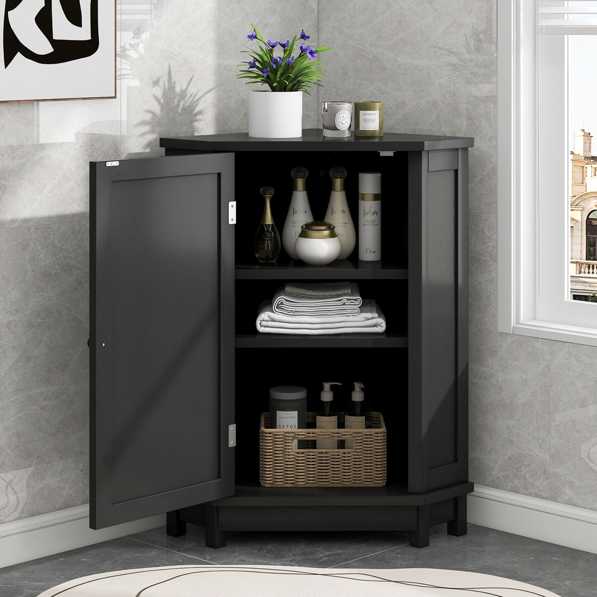 Bathroom Cabinet Triangle Corner Storage Cabinet With Adjustable Shelf Modern Style