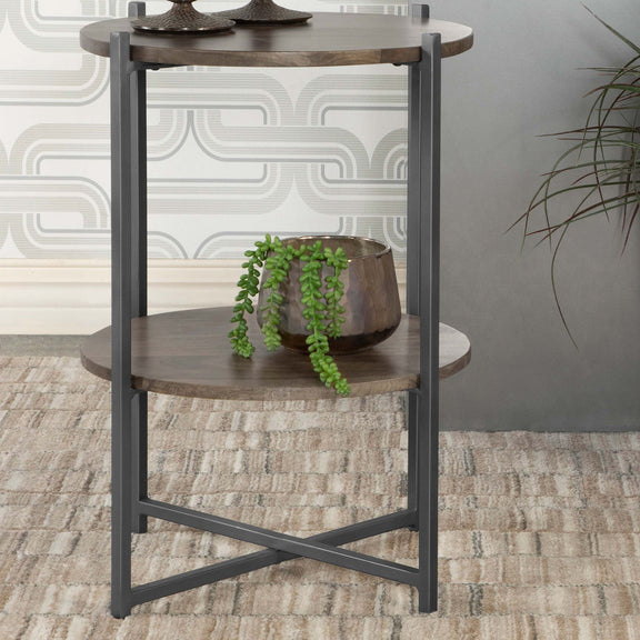 Brown accent table with X-frame and two circular shelves, dark metal supports