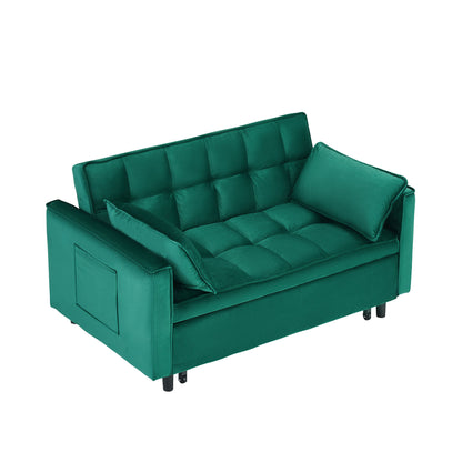 Convertible sofa bed in dark green, tufted seat cushions and two side pillows