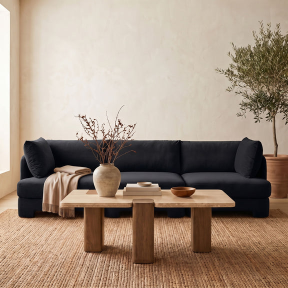 Dark gray velvet 3-piece sofa with three back cushions and wooden coffee table