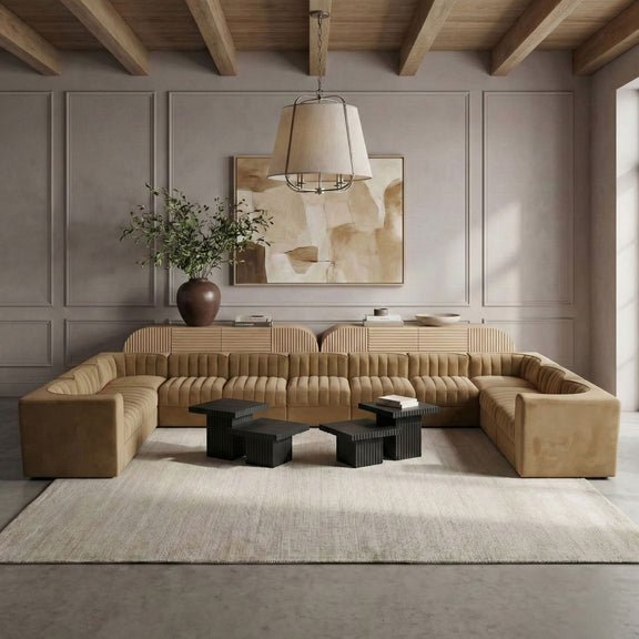 Velvet modular sectional sofa with tufted cushions, beige upholstery, low corner arm sections