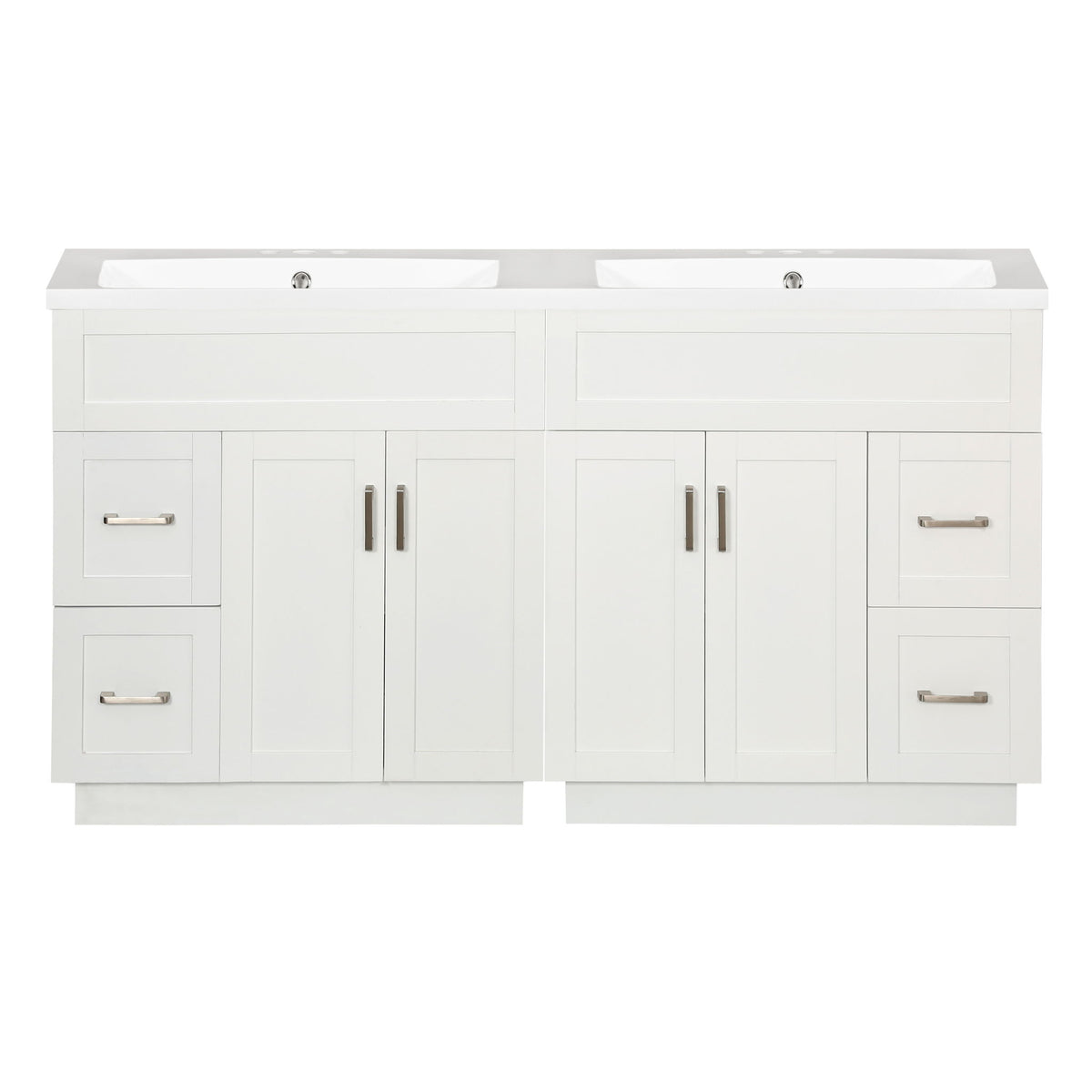 White bathroom vanity cabinet with two doors and drawer fronts, metal bar pulls