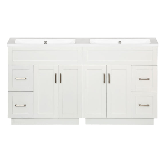 White bathroom vanity cabinet with two doors and drawer fronts, metal bar pulls