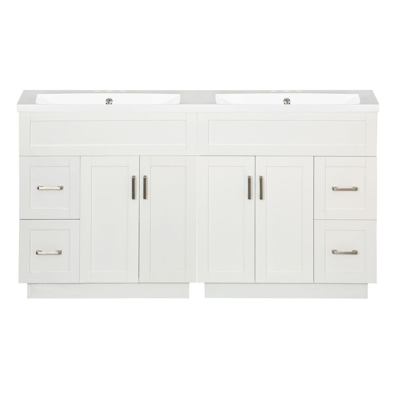 White bathroom vanity cabinet with two doors and drawer fronts, metal bar pulls