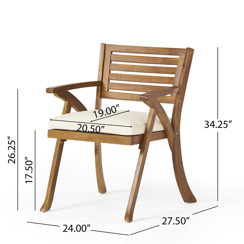 Teak wood dining chair with beige cushion, shown with height and width measurements