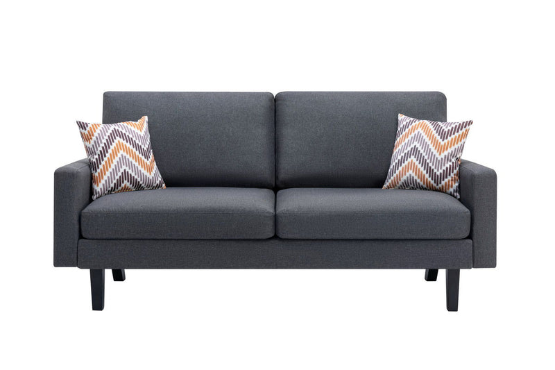 Dark gray 2-seat sofa with two zigzag patterned throw pillows and dark legs