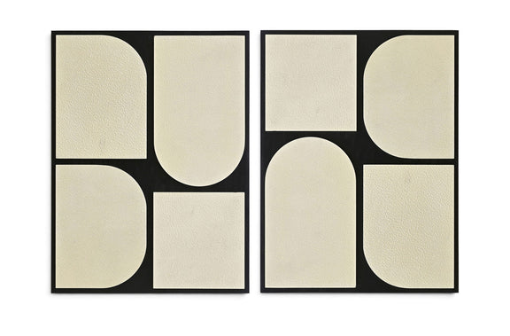 Two-piece wall art set with black frames and light beige abstract rounded panels.