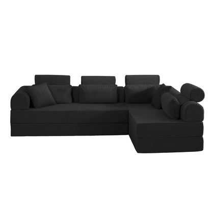 Black L-shaped modular sectional sofa with three back cushions and rounded armrests