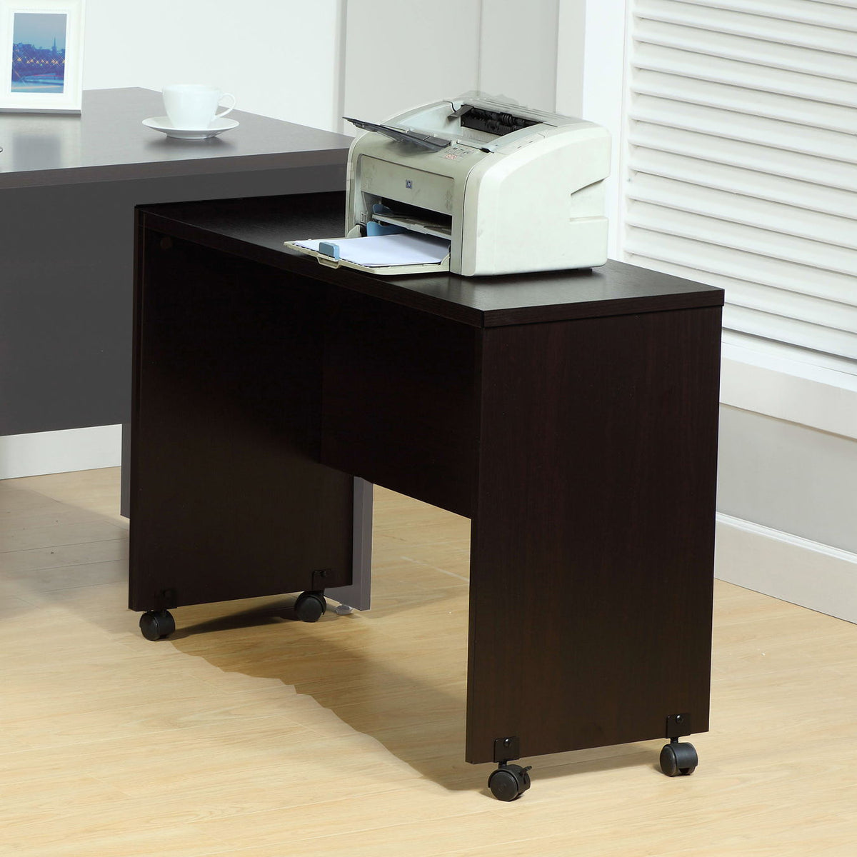 Dark brown mobile printer stand desk with open shelf and casters