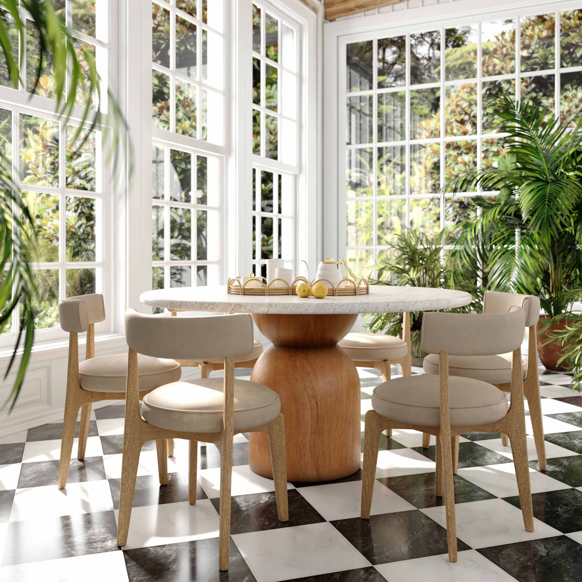 Beige upholstered dining chair with light wood legs near a table, in-room view.